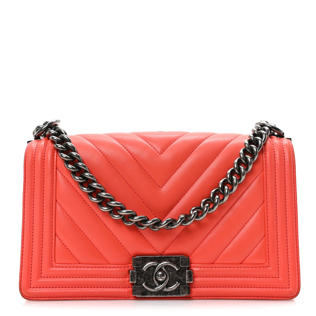 Calfskin Chevron Quilted Medium Boy Flap Coral