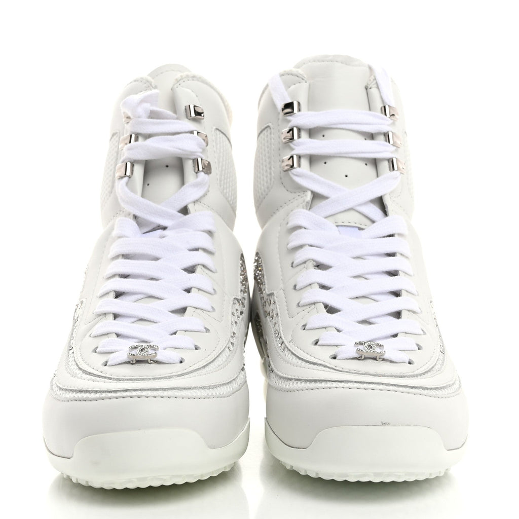 Calfskin Fabric Mesh Strass Womens CC Sneakers 39 White Silver