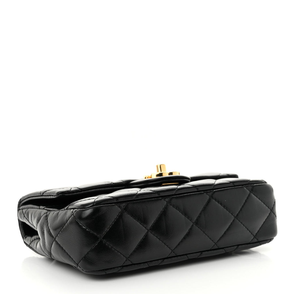 Shiny Lambskin Quilted Golden Links Top Handle Flap Black
