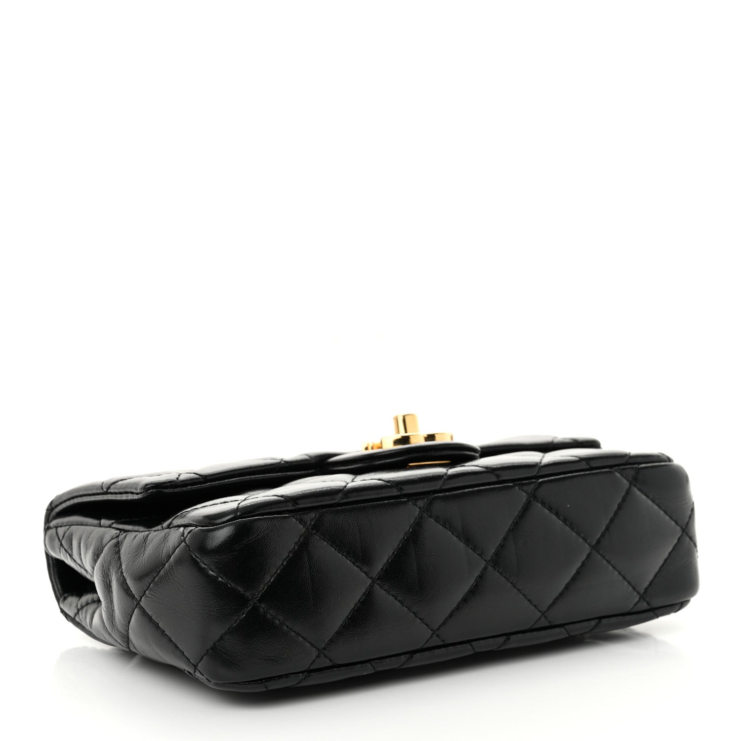 Shiny Lambskin Quilted Golden Links Top Handle Flap Black