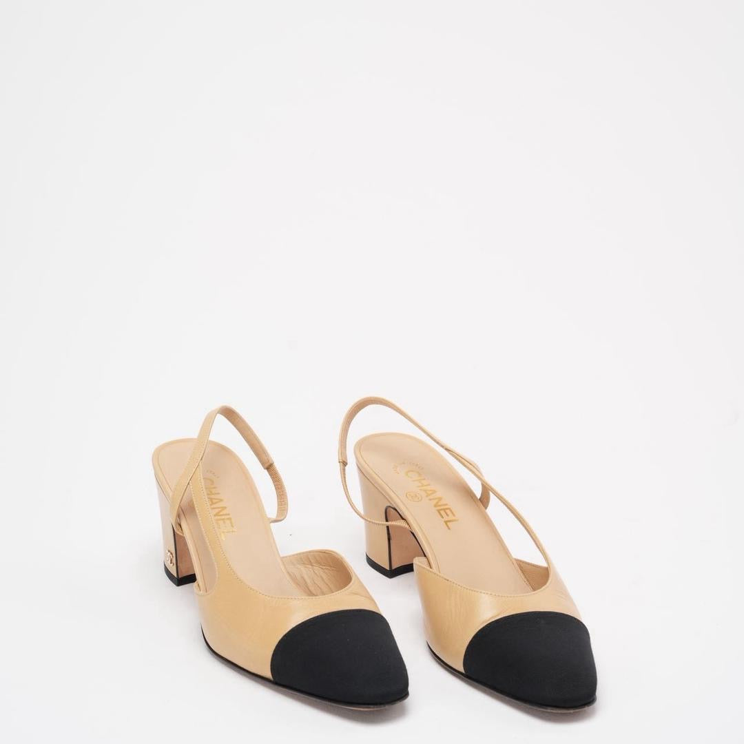 Chanel Black / Beige Cap Toe Slingback 39.5