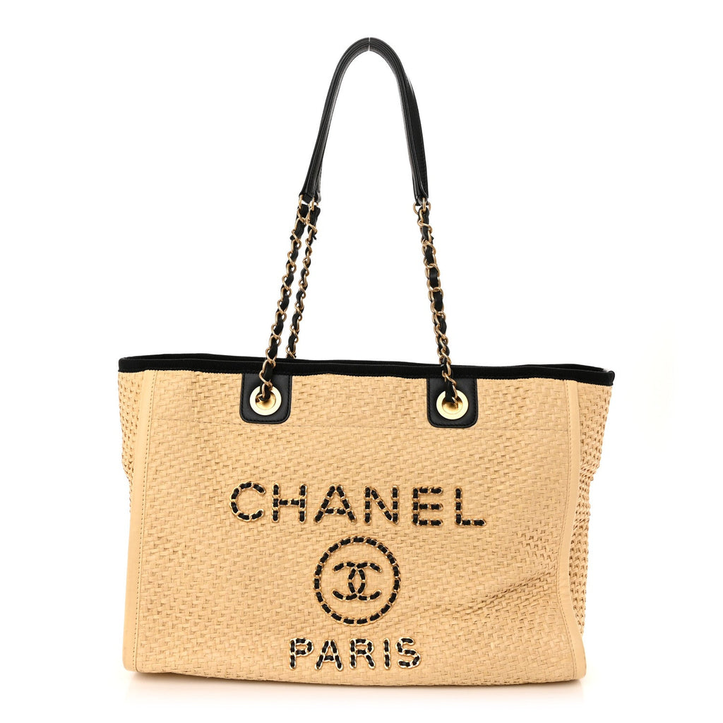 Straw Raffia Calfskin Chain Small Deauville Tote Beige Black
