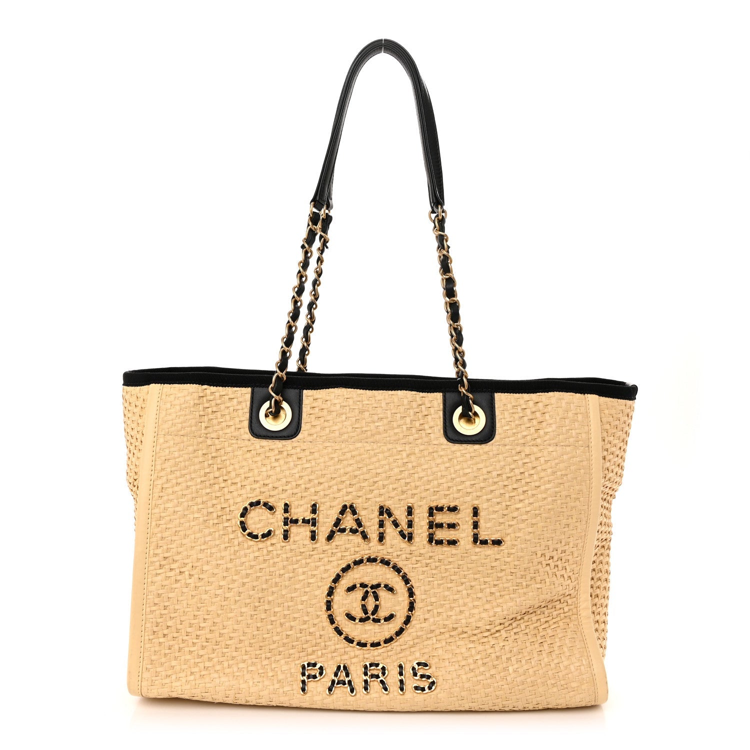 Straw Raffia Calfskin Chain Small Deauville Tote Beige Black