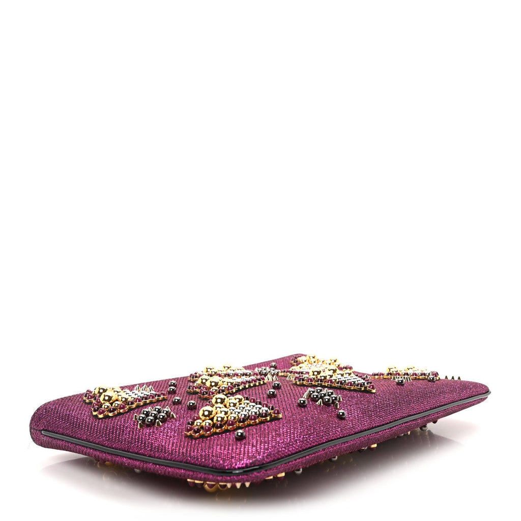 Metallic Raffia Studded Loubiposh Chain Clutch Magenta