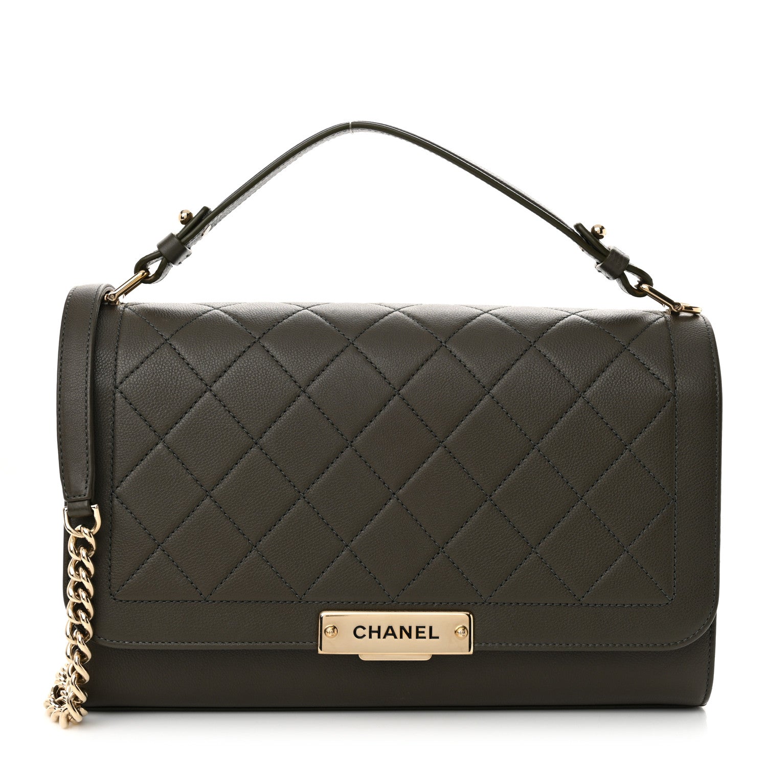 Grained Calfskin Quilted Large Label  Flap Bag Khaki