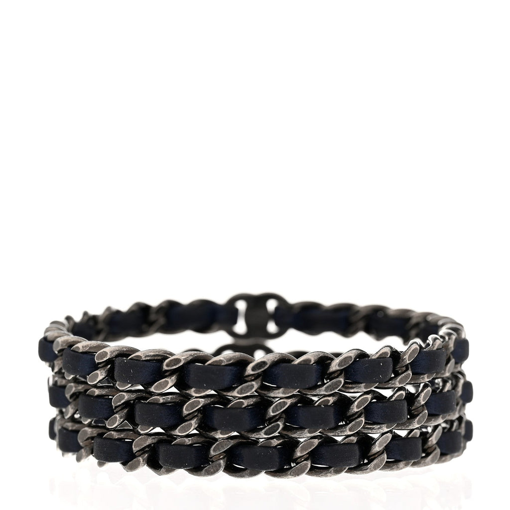 Lambskin Ruthenium Chain CC Bangle Bracelets Set of 3 Navy