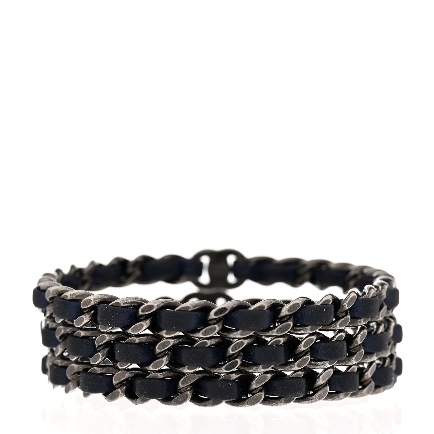 Lambskin Ruthenium Chain CC Bangle Bracelets Set of 3 Navy