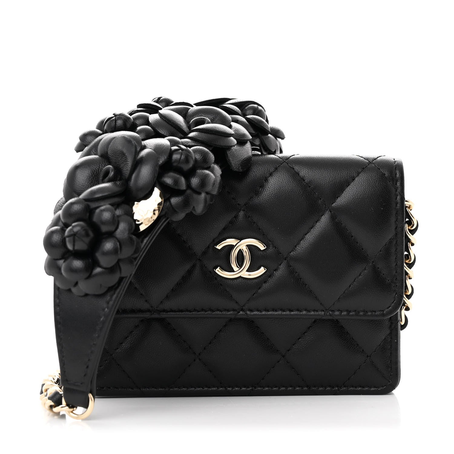 Lambskin Quilted Camellia  Holder On Chain Black