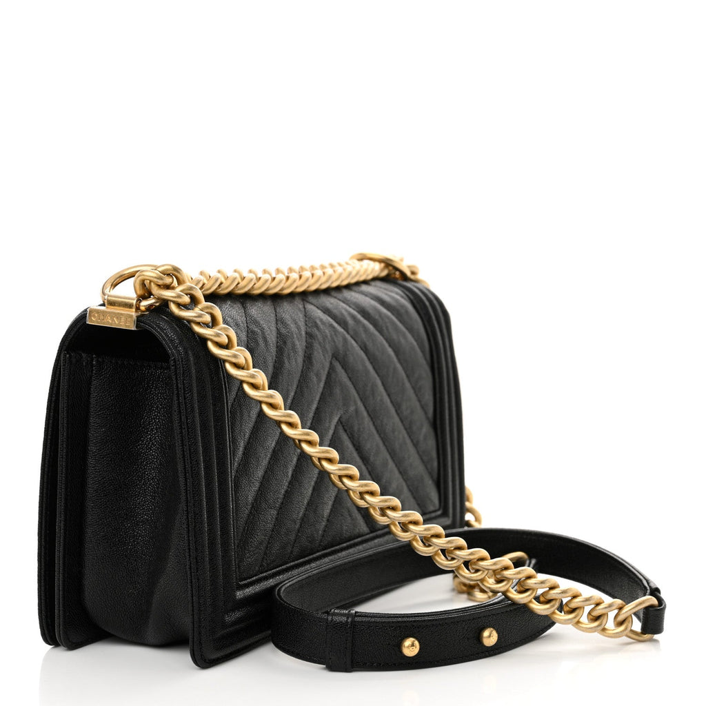 Caviar Chevron Quilted Medium Boy Flap Black