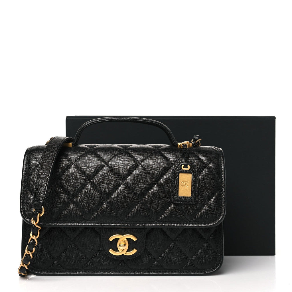 Caviar Quilted School Memory Small Top Handle Flap Black