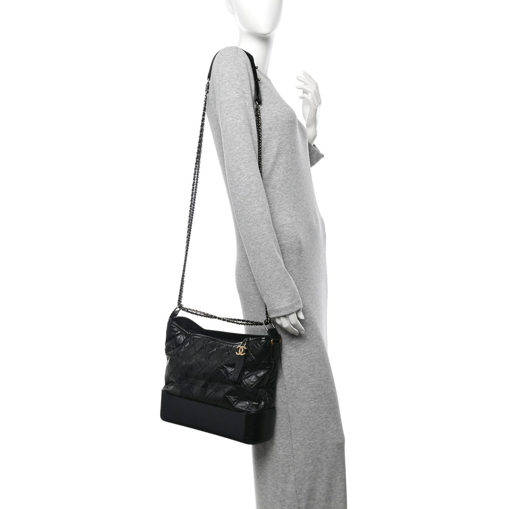Aged Calfskin Quilted Large Gabrielle Hobo Black
