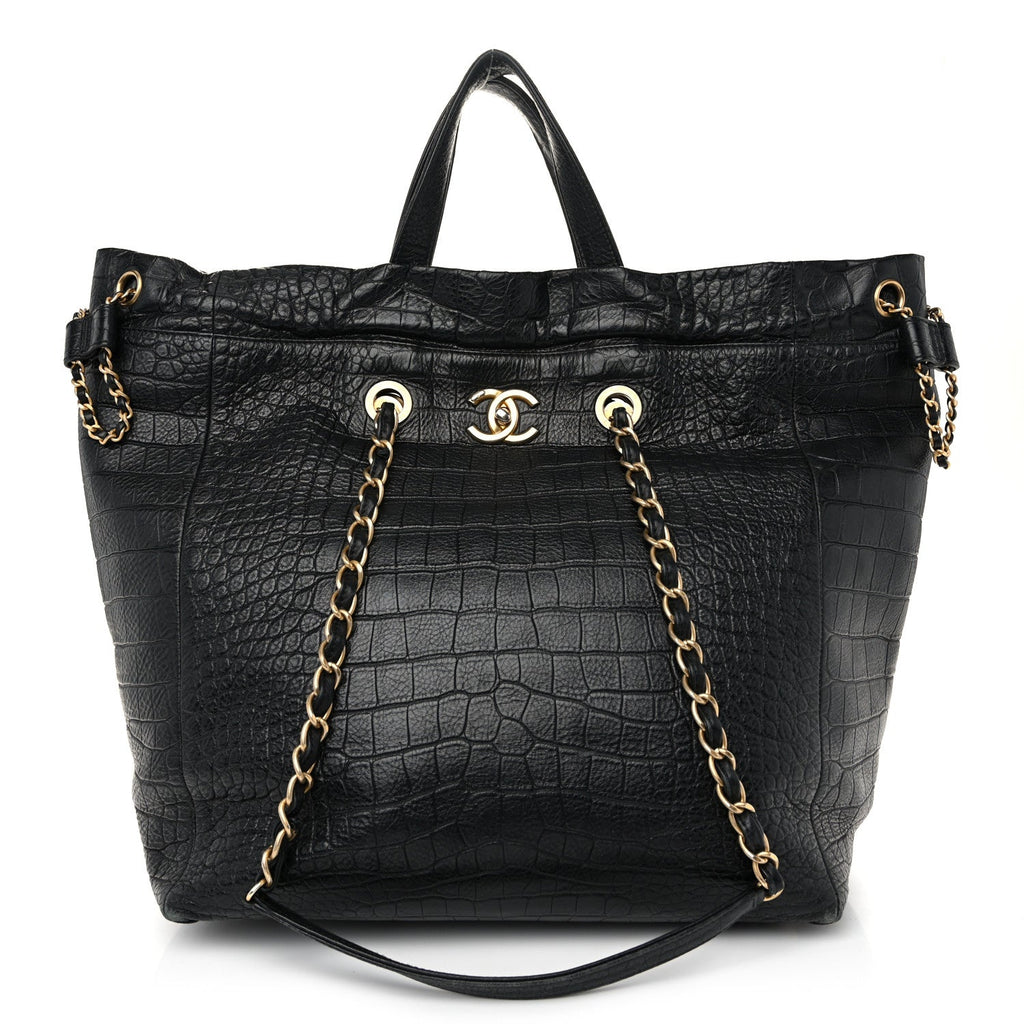 Calfskin Crocodile Embossed Large Cocodile Shopping Tote Black