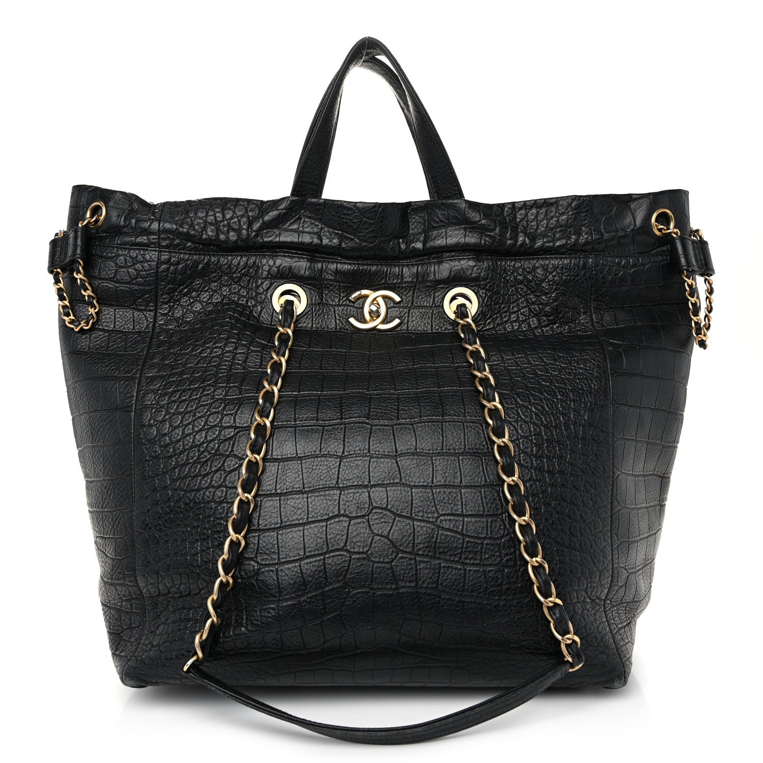 Calfskin Crocodile Embossed Large Cocodile Shopping Tote Black