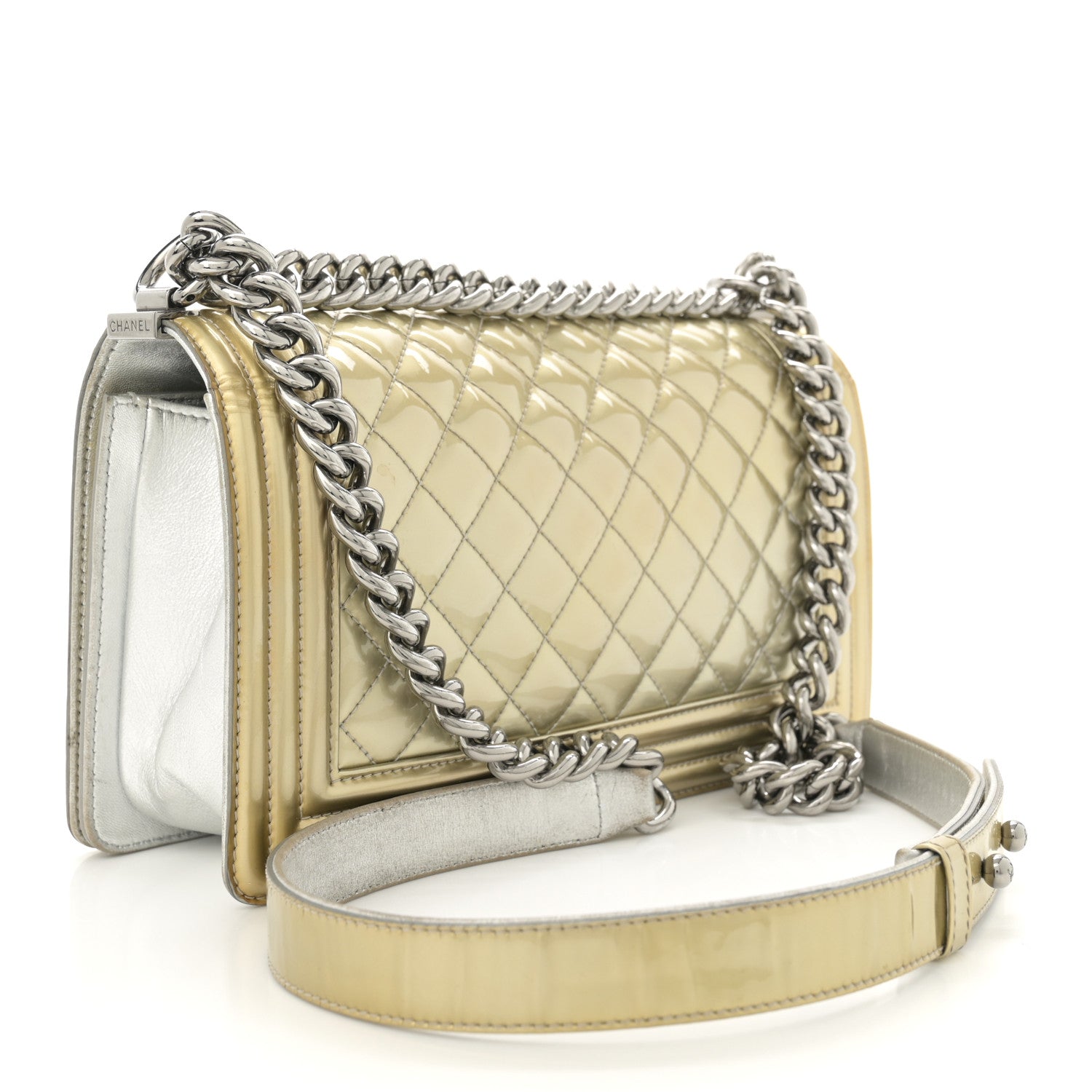 Metallic Patent Calfskin Quilted Medium Boy Flap Gold