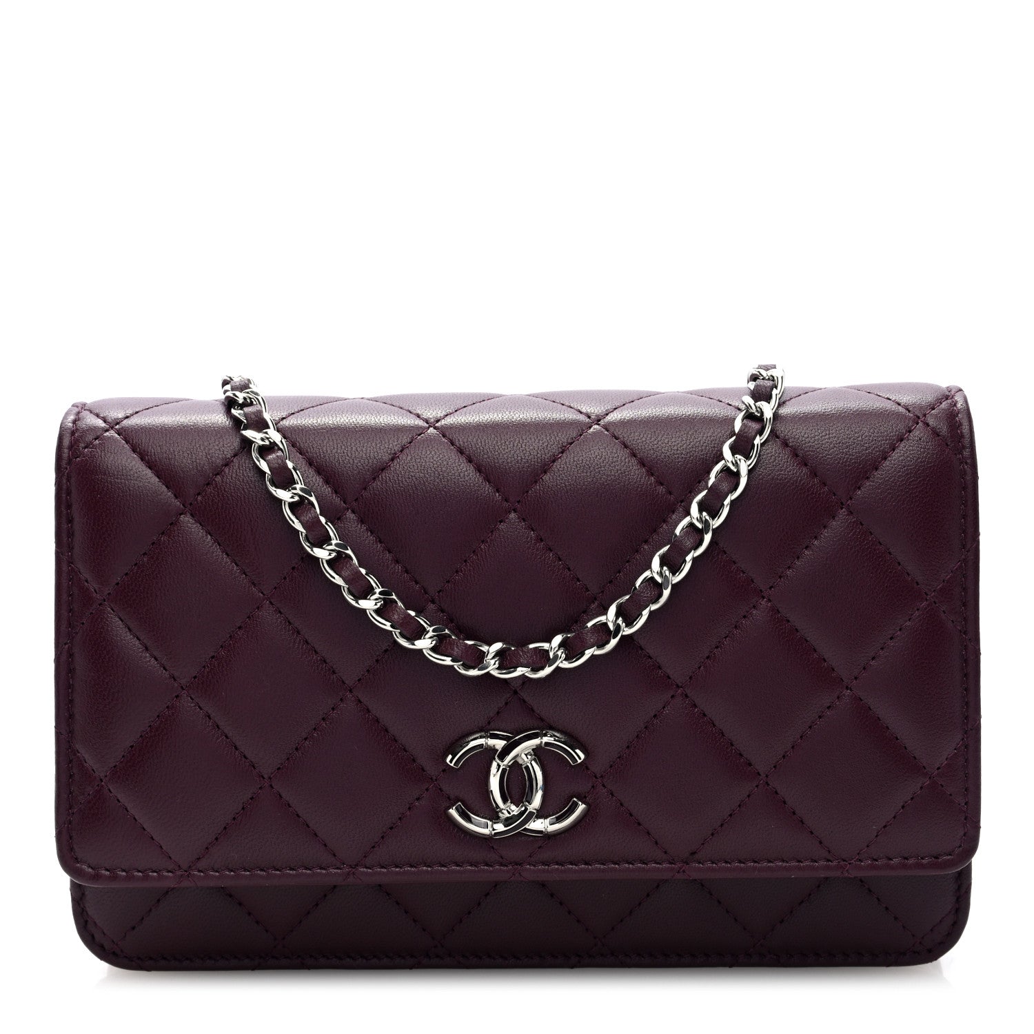 Lambskin Quilted Enamel CC Wallet On Chain WOC Burgundy