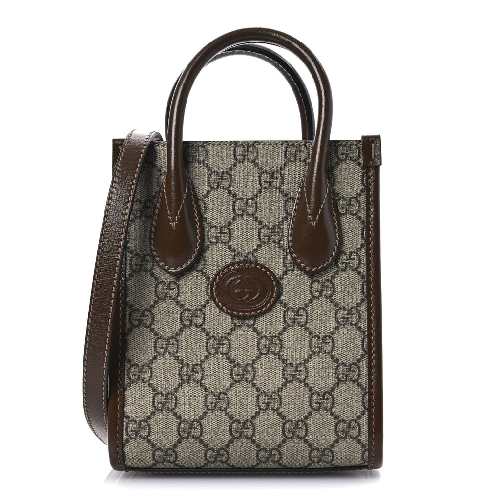 GG Supreme Monogram Azalea Calfskin Mini Retro Interlocking G Tote Bag Beige Ebony Brown Sugar