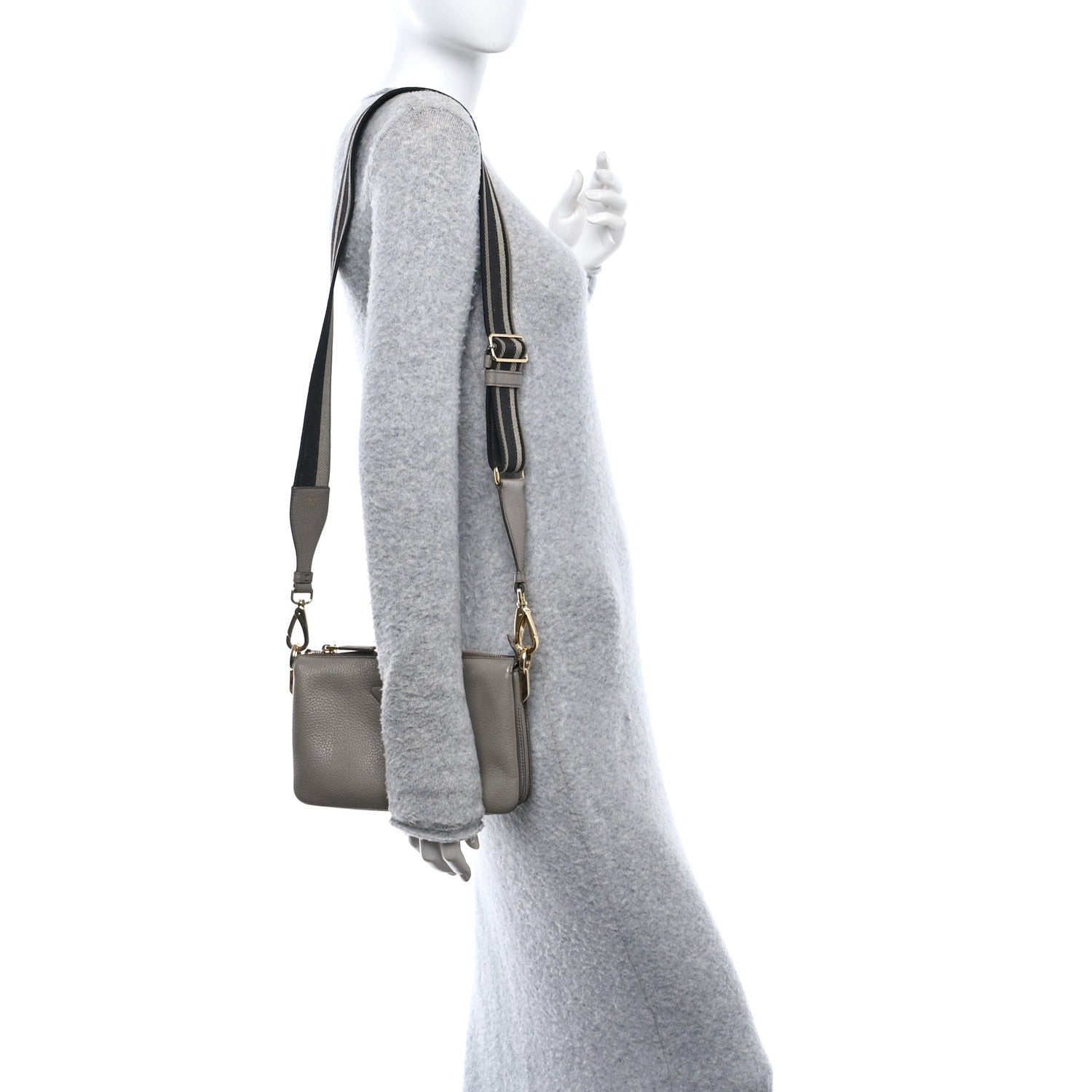 Vitello Daino Soft Mini Zippered Shoulder Bag Clay Grey