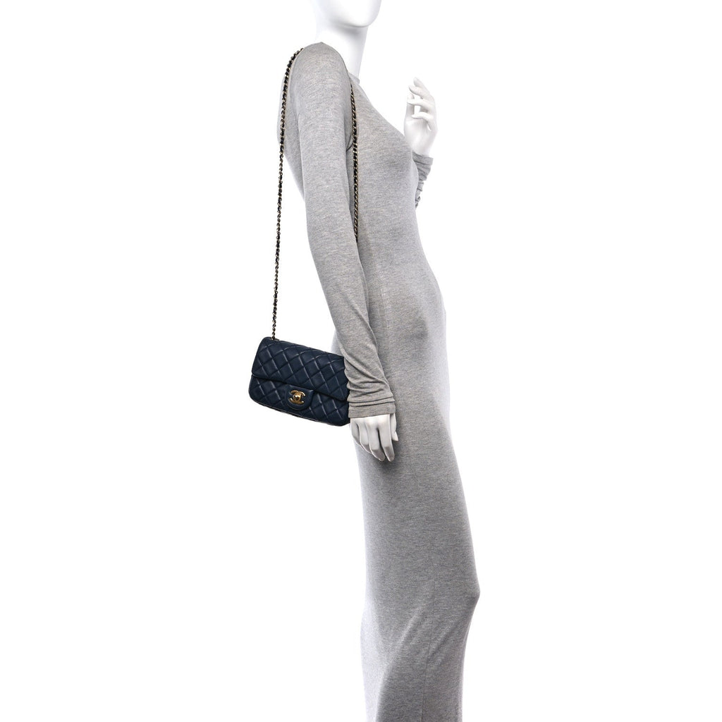 Lambskin Quilted Mini Pearl Crush Rectangular Flap Navy Blue