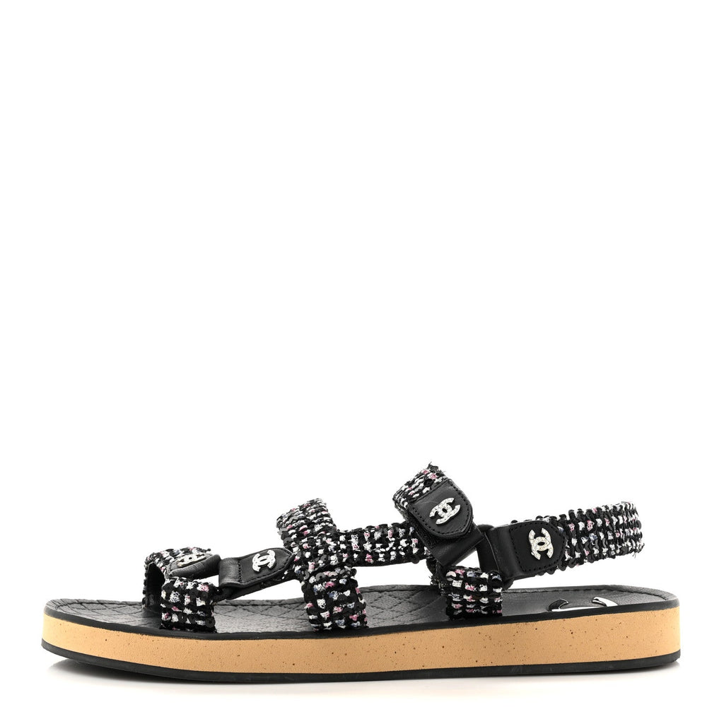 Glittered Tweed Lambskin Dad Sandals 39 Black White