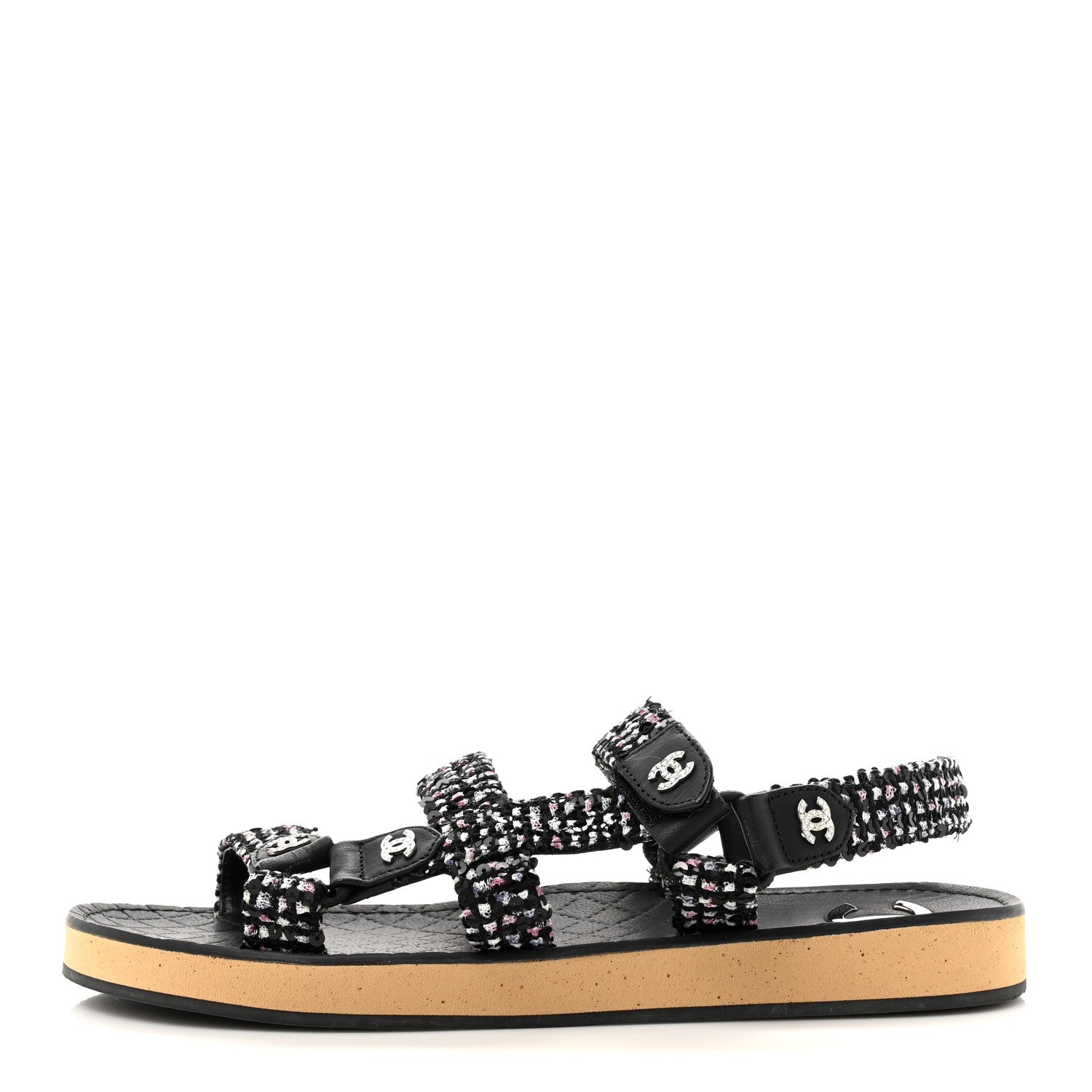 Glittered Tweed Lambskin Dad Sandals 39 Black White