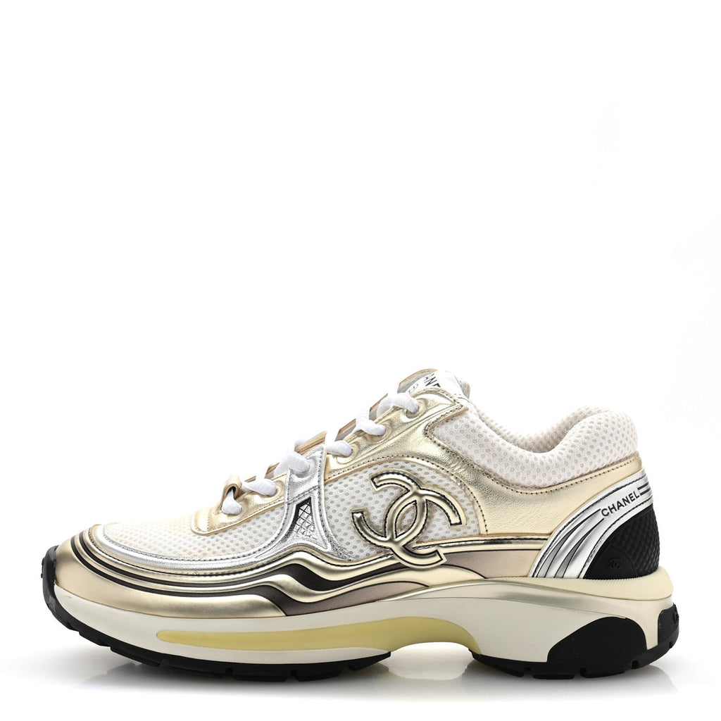 Fabric Laminated Calfskin Stretch CC Sneakers 38 White Gold Silver