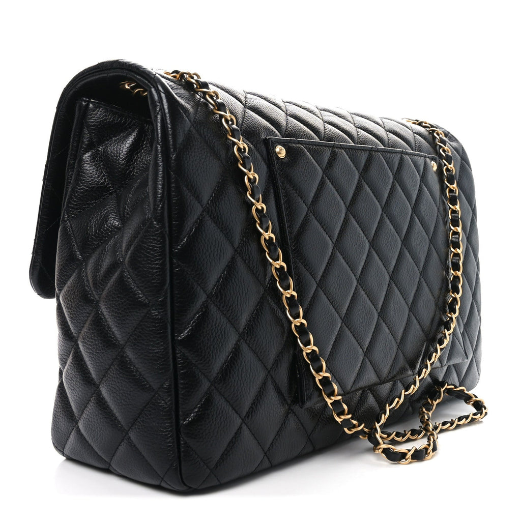 Grained Calfksin Quilted XXL Travel Flap Bag Black