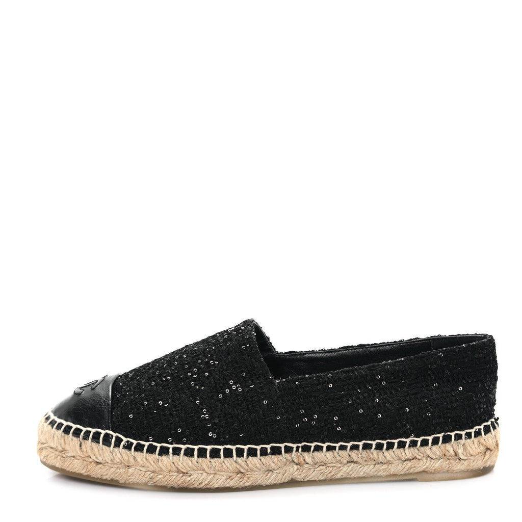 Tweed Patent Goatskin Sequin CC Espadrilles 40 Black