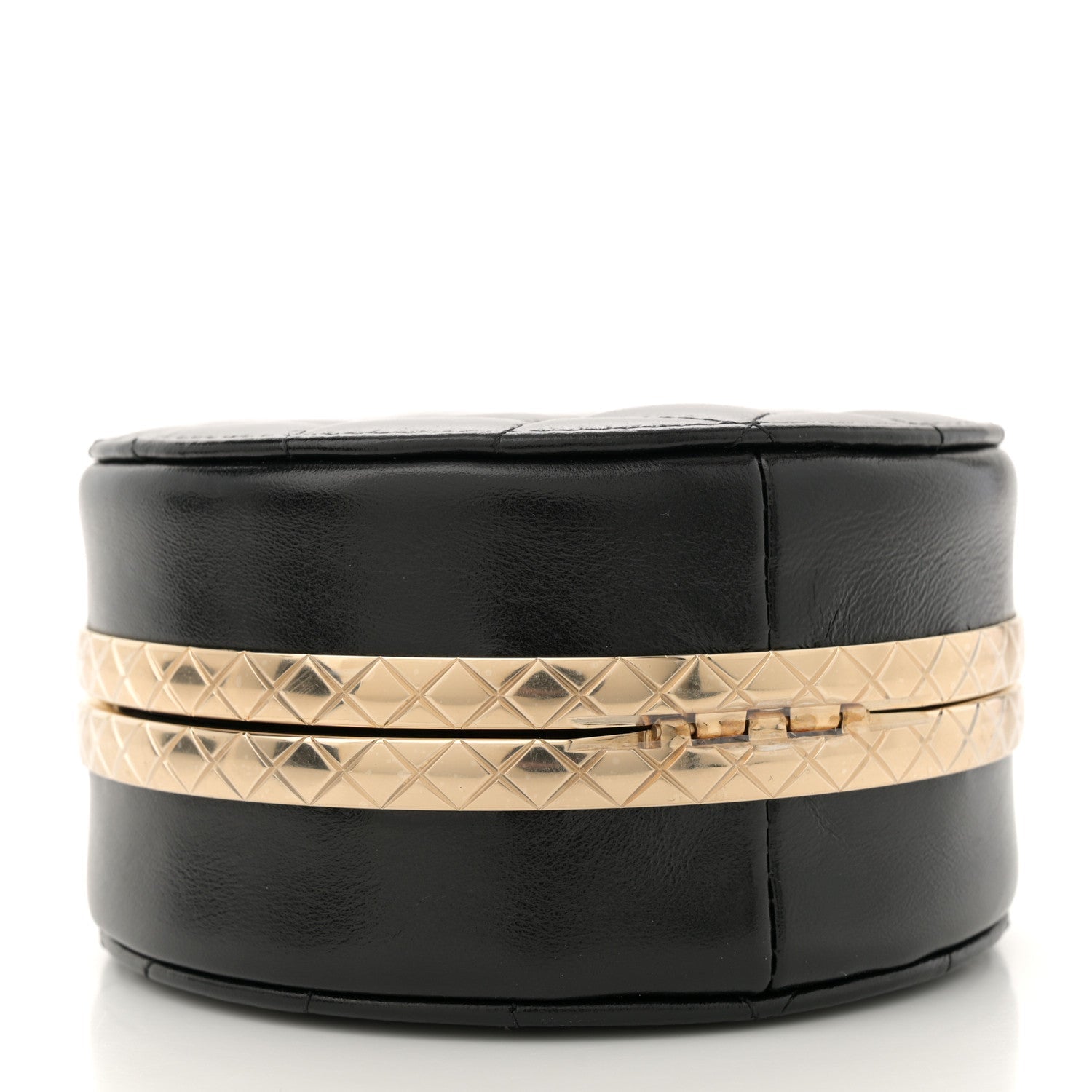 Metal Lambskin Quilted Round Lock Frame Vanity Clutch With Chain Black