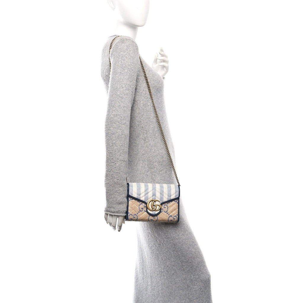 Raffia GG Monogram Matelasse GG Marmont Chain Wallet Mystic White Royale Natural
