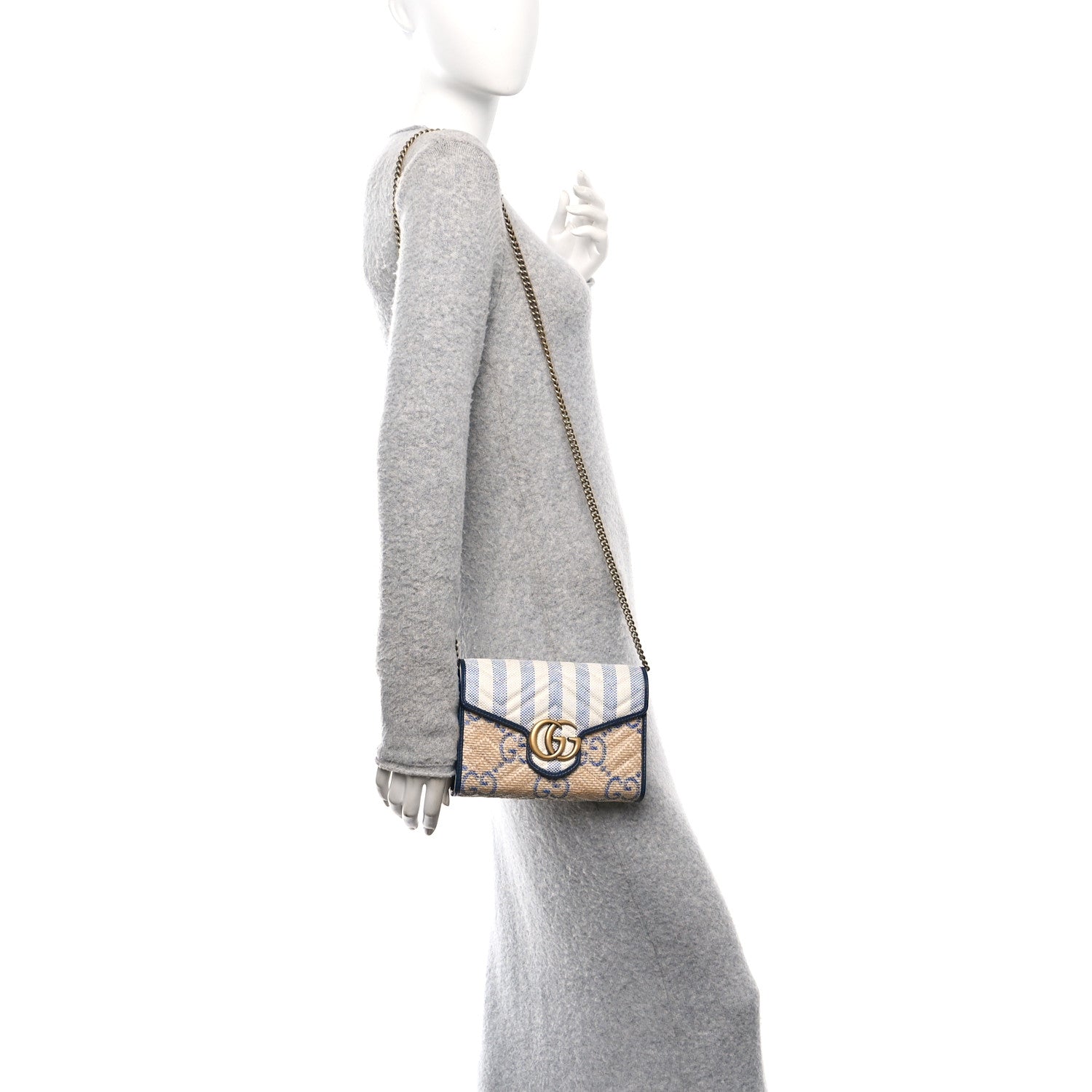 Raffia GG Monogram Matelasse GG Marmont Chain Wallet Mystic White Royale Natural