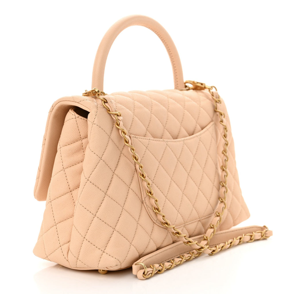 Caviar Quilted Small Coco Handle Flap Beige