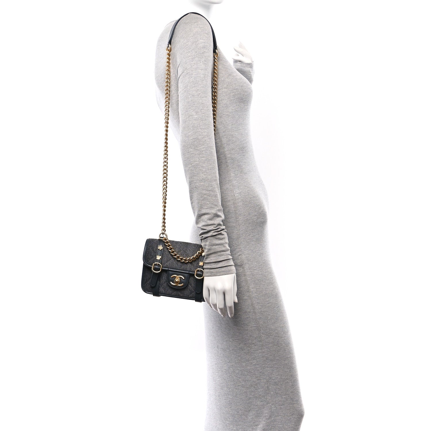 Denim Quilted Mini Flap Grey
