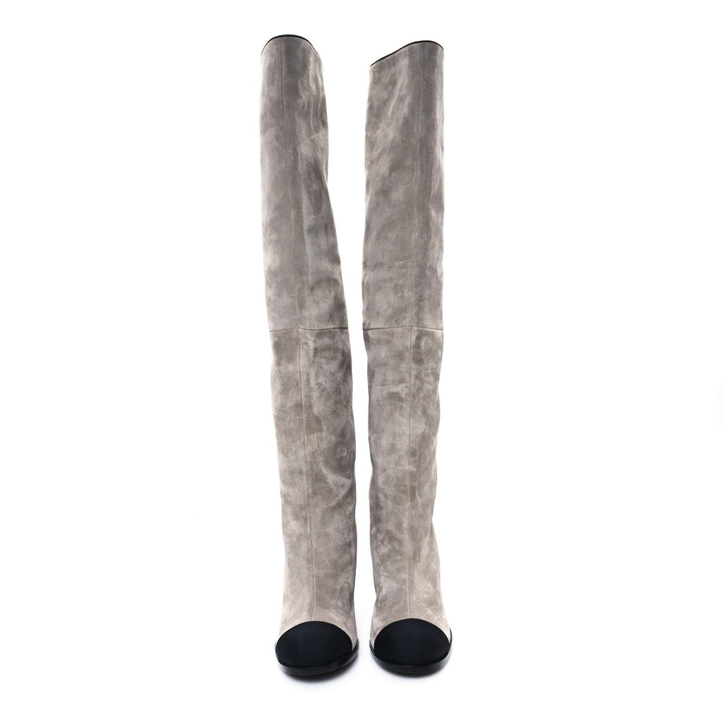 Suede Calfskin Grosgrain Cap Toe Knee High Boots 36.5 Grey Black