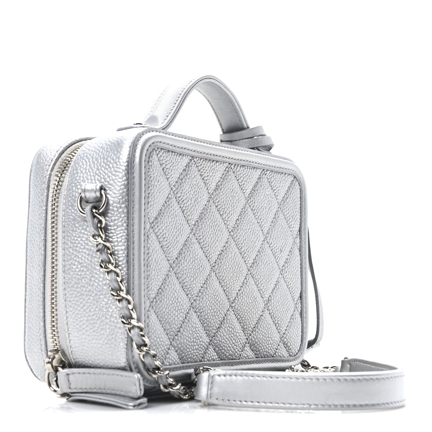 Metallic Caviar Quilted Small CC Filigree Vanity Case Silver