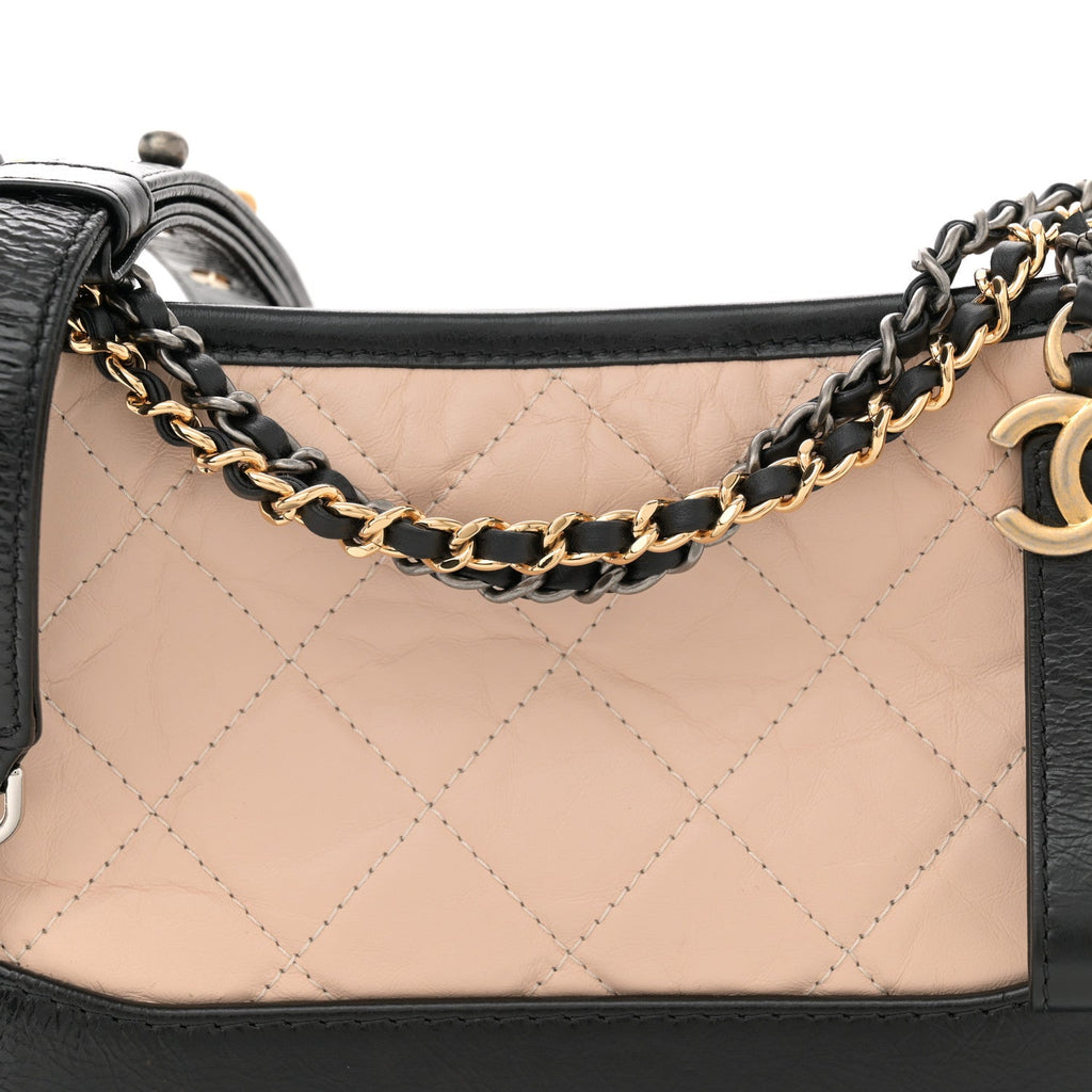 Aged Calfskin Quilted Small Gabrielle Hobo Beige Black