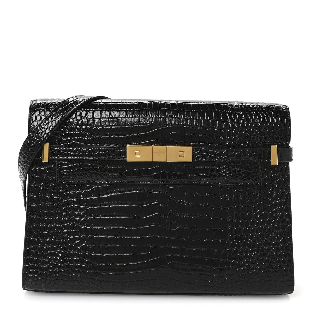 Shiny Calfskin Crocodile Embossed Manhattan Baguette Black