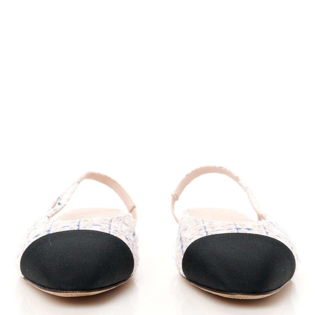 Tweed Grosgrain Cap Toe Slingback Flats 39 White Blue Pink