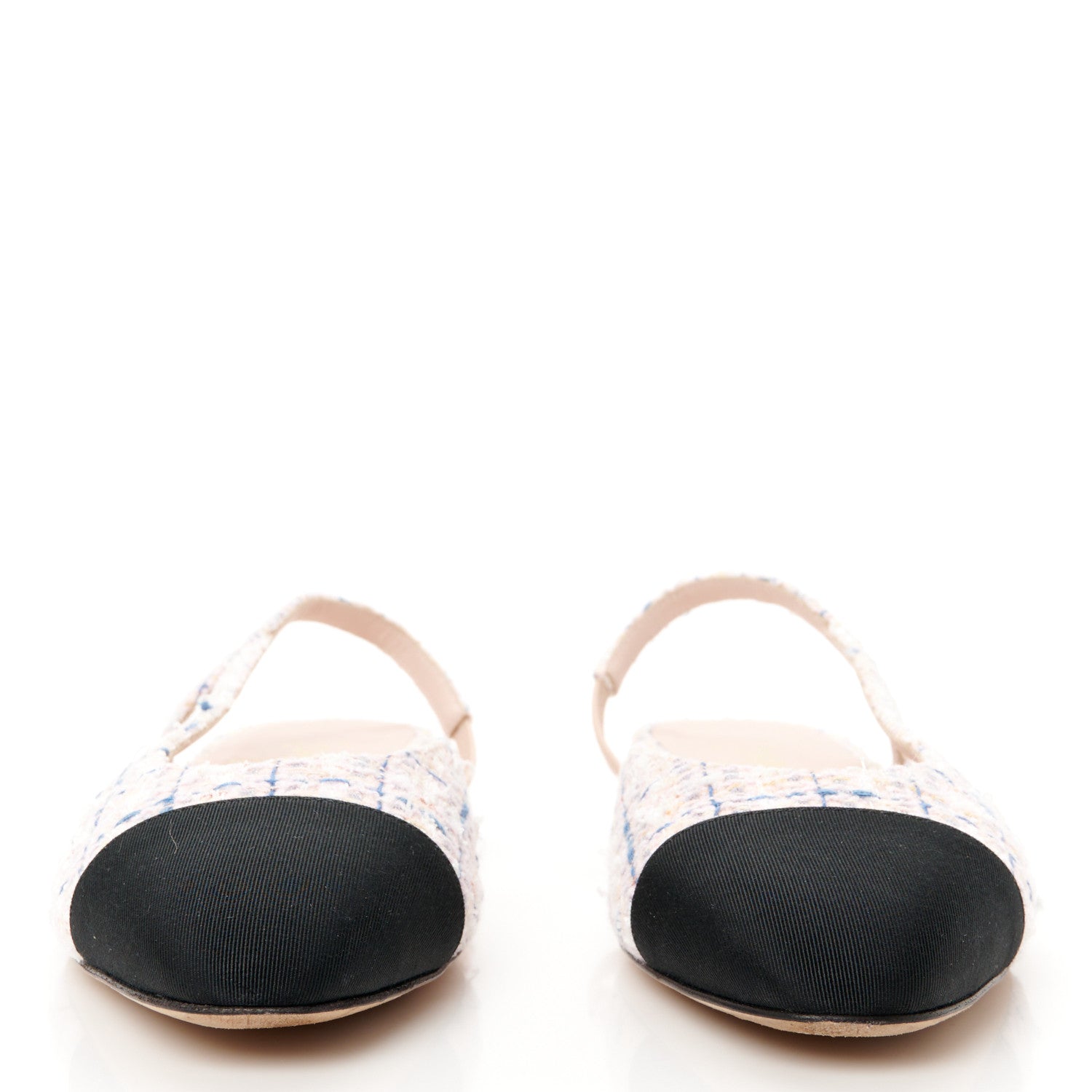 Tweed Grosgrain Cap Toe Slingback Flats 39 White Blue Pink