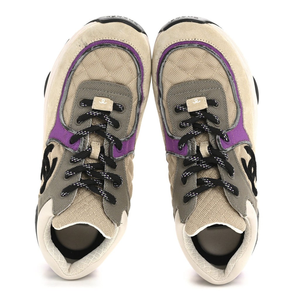 Fabric Suede Calfskin Womens CC Sneakers 38.5 Beige Dark Beige Purple