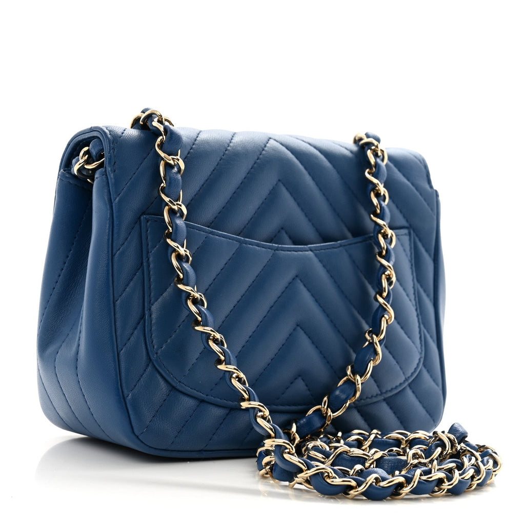 Lambskin Chevron Quilted Mini Square Flap Blue