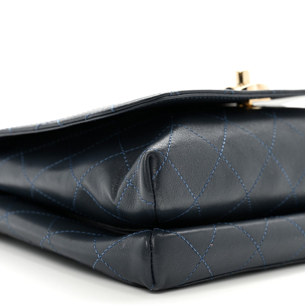 Calfskin Quilted Double Pocket Top Handle Flap Blue