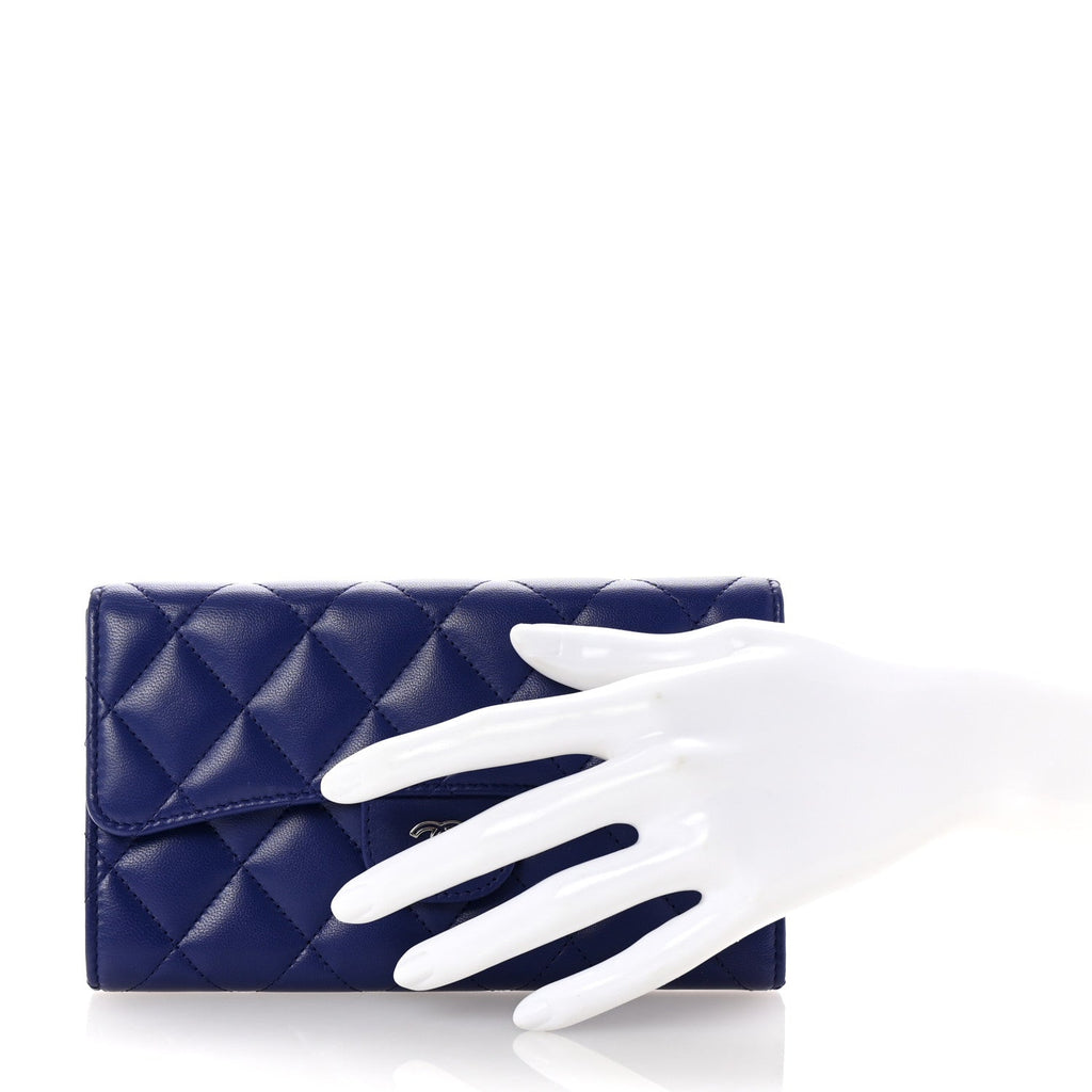 Lambskin Quilted Large Flap Wallet Blue