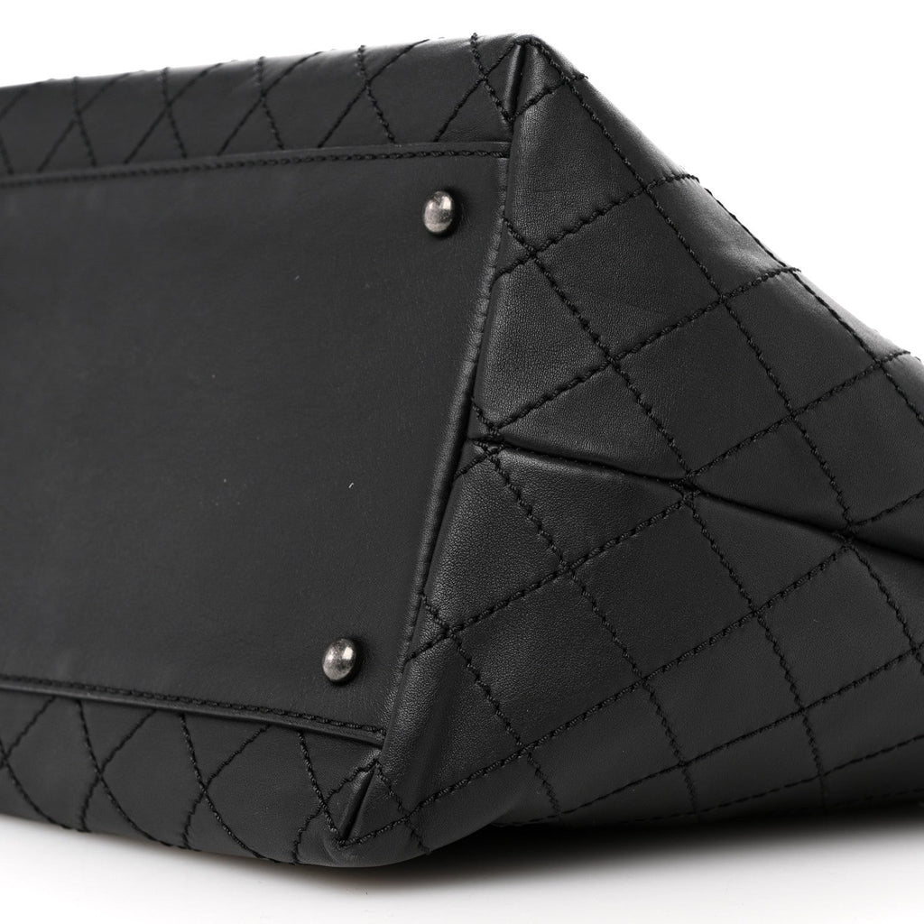 Calfskin Stitched Medium Shopping Tote Black