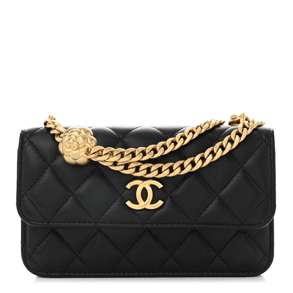 Lambskin Quilted Sweet Camellia Flap Phone Holder With Chain Black