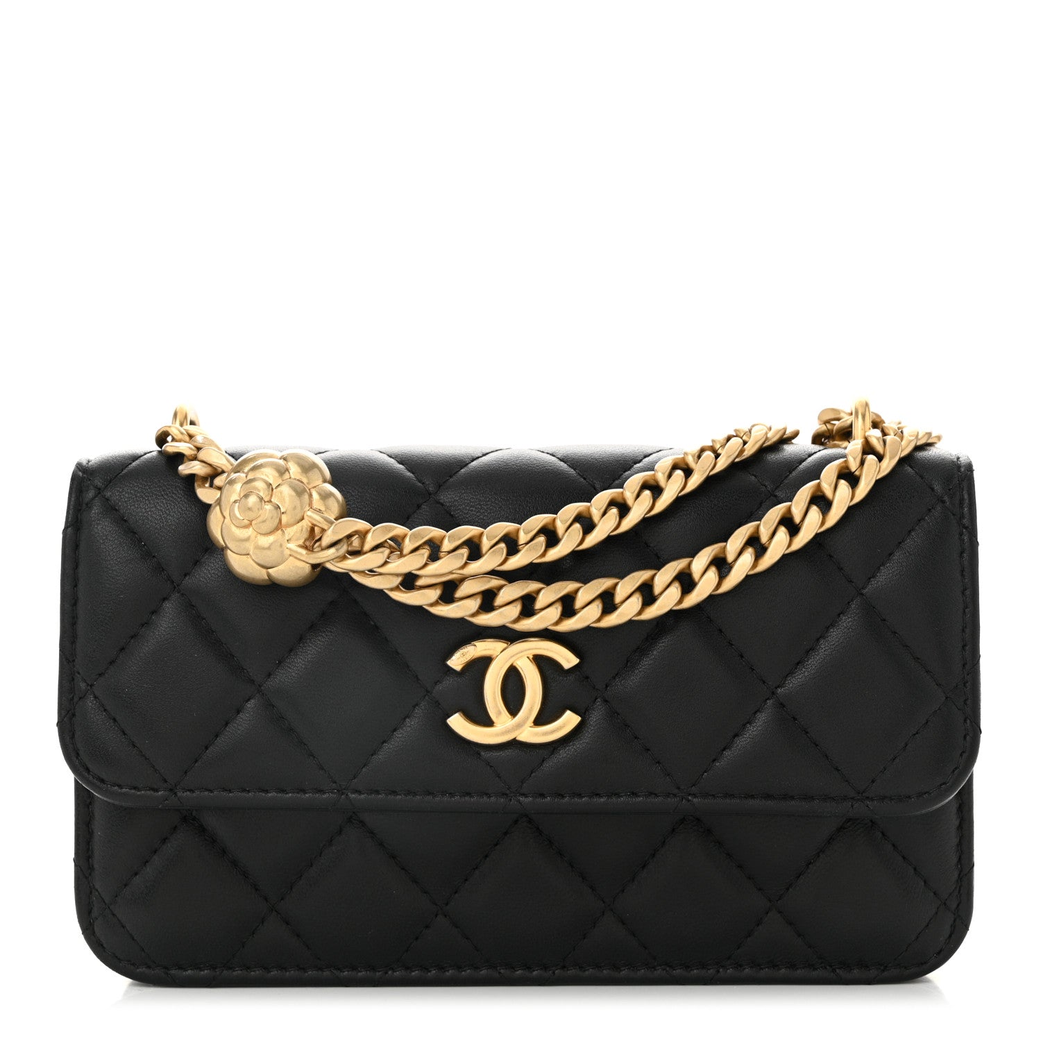 Lambskin Quilted Sweet Camellia Flap Phone Holder With Chain Black
