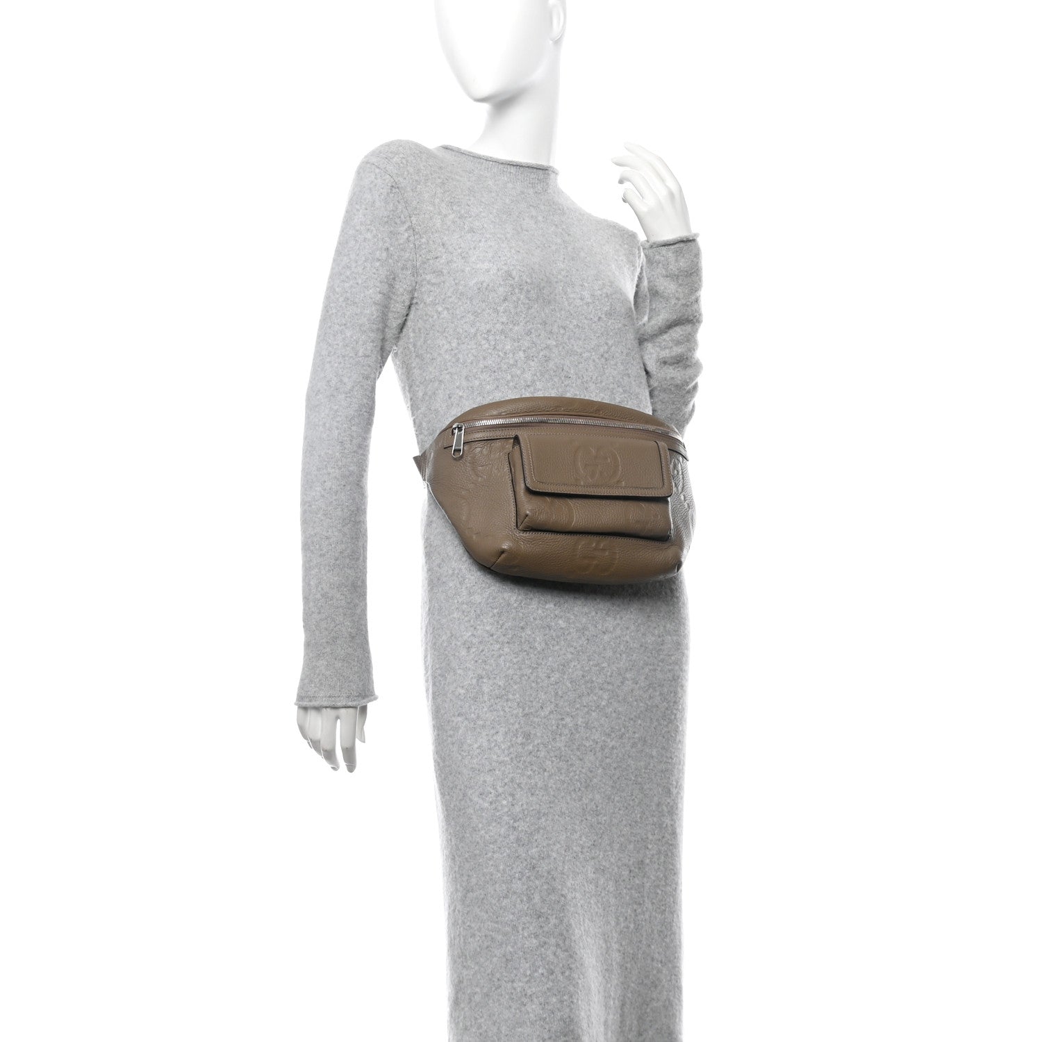 Piuma Calfskin Jumbo GG Embossed Pocket Belt Bag Good Taupe