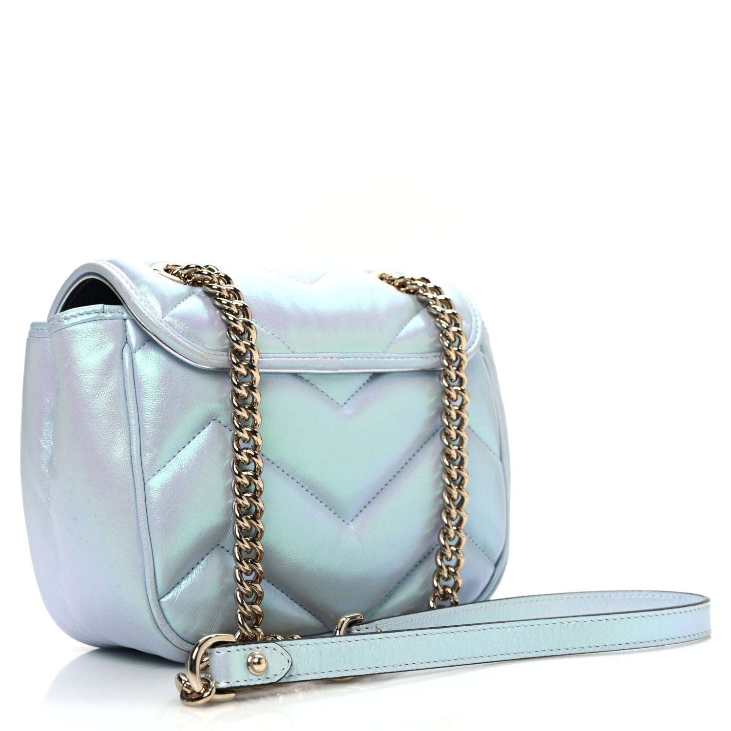 Iridescent Nappa Chevron Matelasse Mini GG Marmont Shoulder Bag Iridescent Snow Light Blue