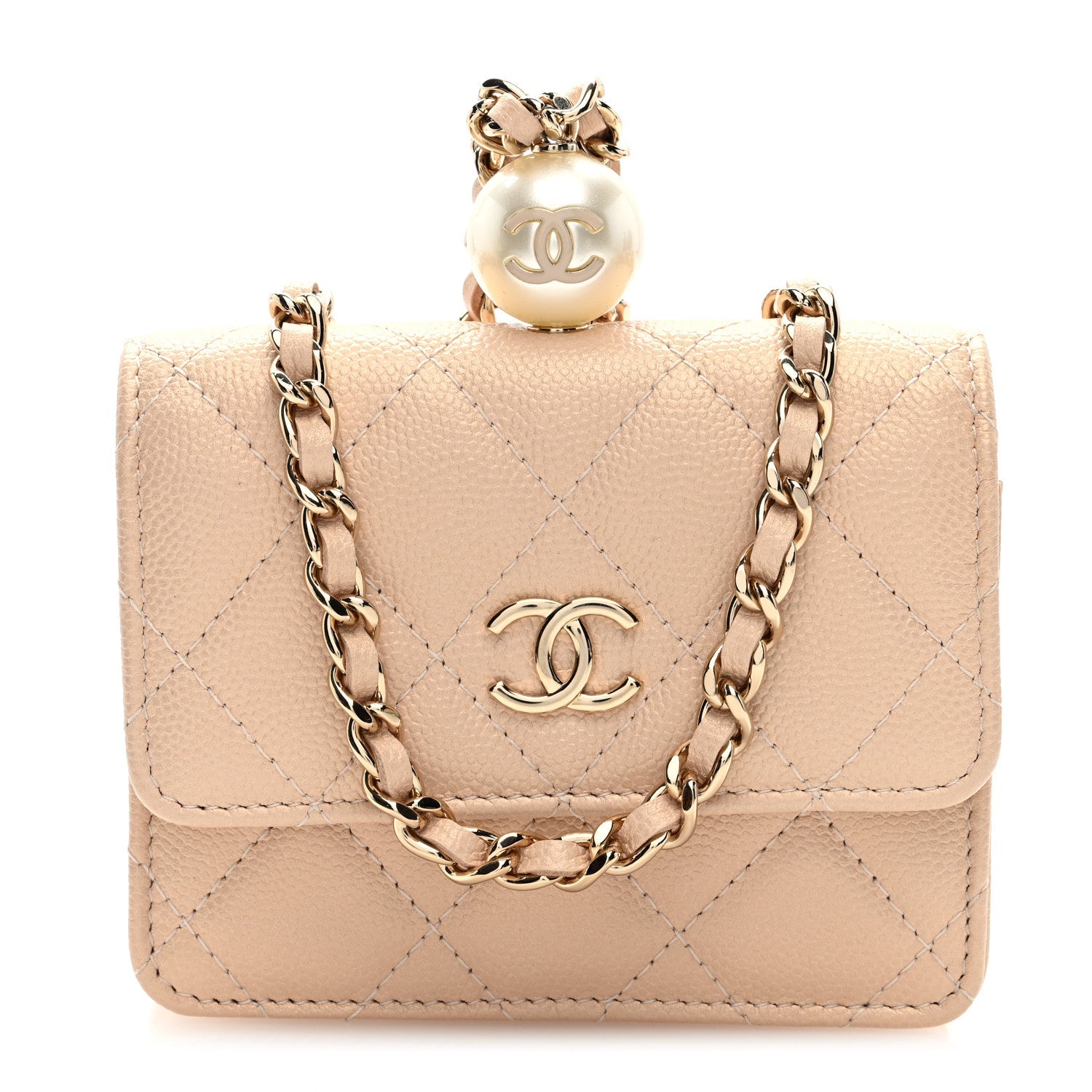 Iridescent Caviar Quilted Pearl  Holder On Chain Beige