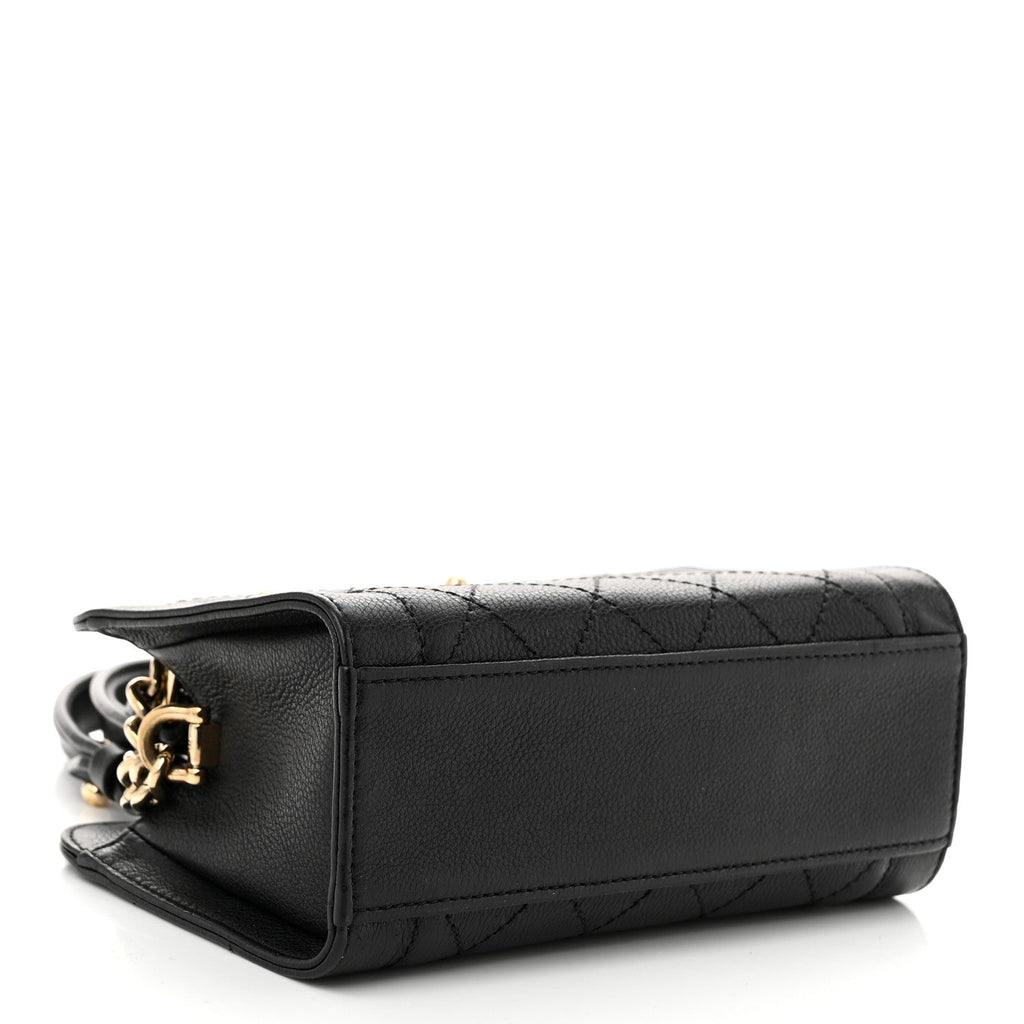 Grained Calfskin Stitched Mini Label  Shopper Black