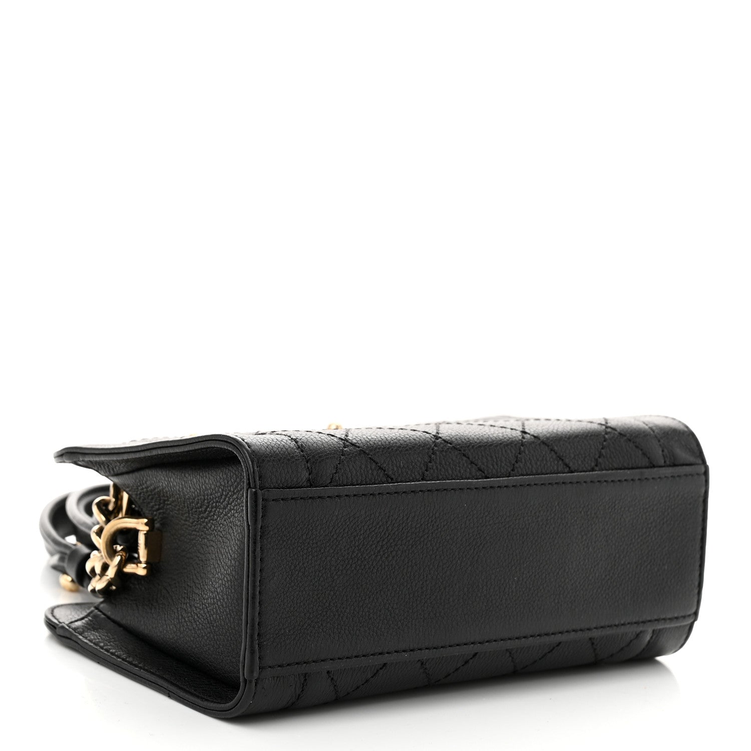 Grained Calfskin Stitched Mini Label  Shopper Black